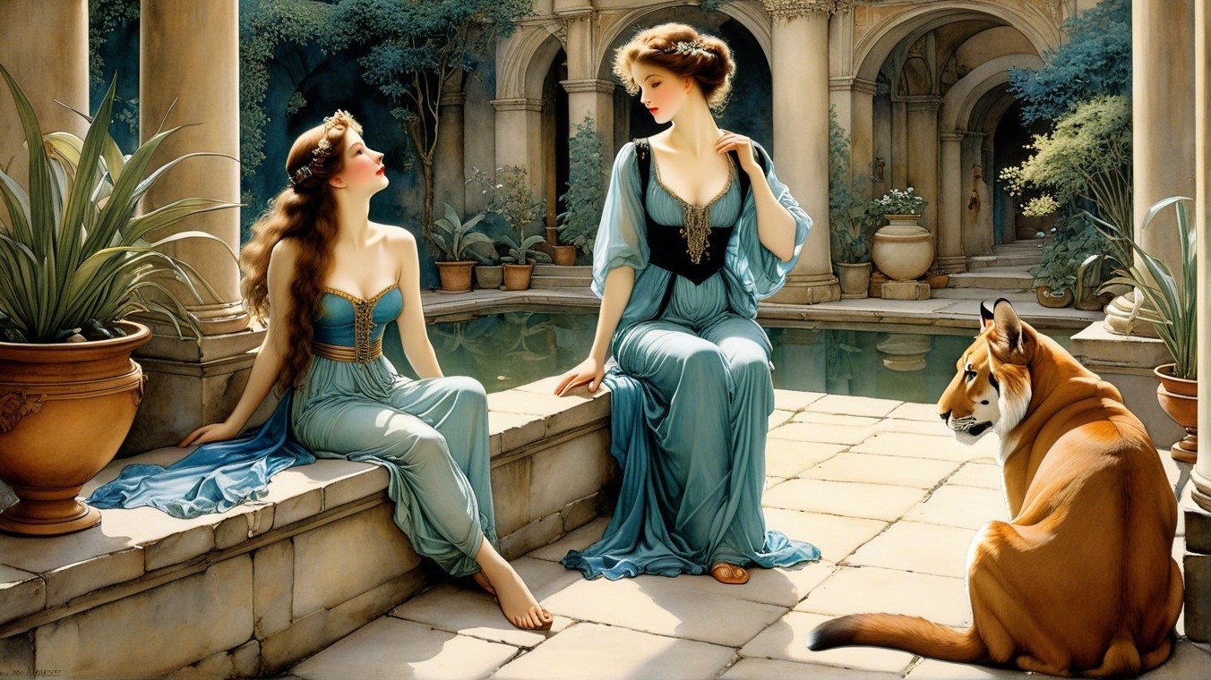 Elegant Women by Pool in Serene Courtyard Setting