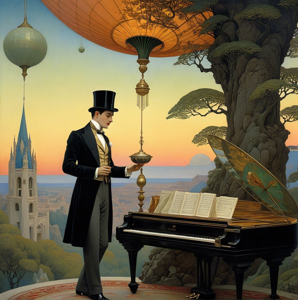 Suave Gentleman by Grand Piano in Surreal Landscape