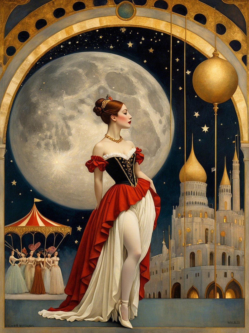 Vibrant Painting of Showgirl Under Golden Archway