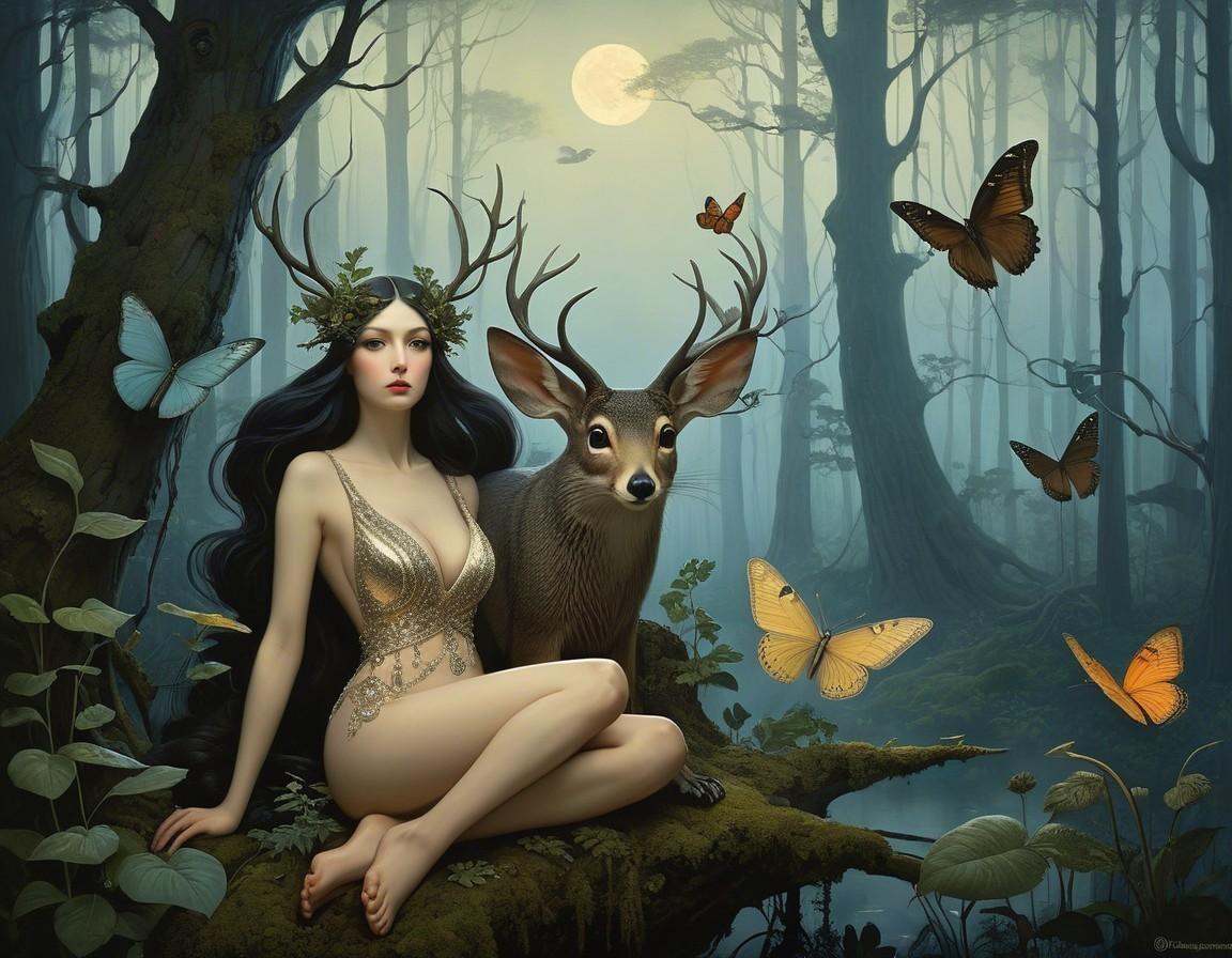 Mystical Forest Scene with Serene Figure and Deer