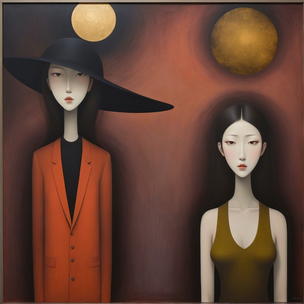 Elongated Figures with Abstract Background and Celestial Elements