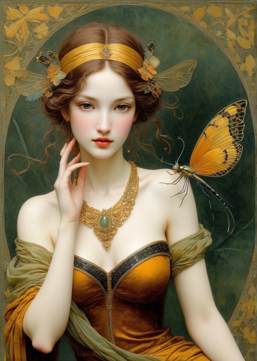 Painting of a woman with floral motif and butterfly