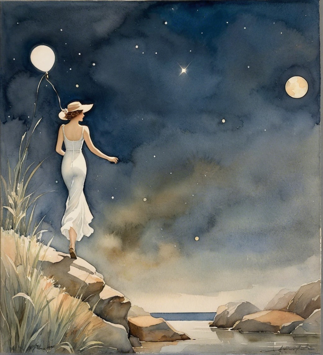Watercolor Painting of Woman by Water at Night