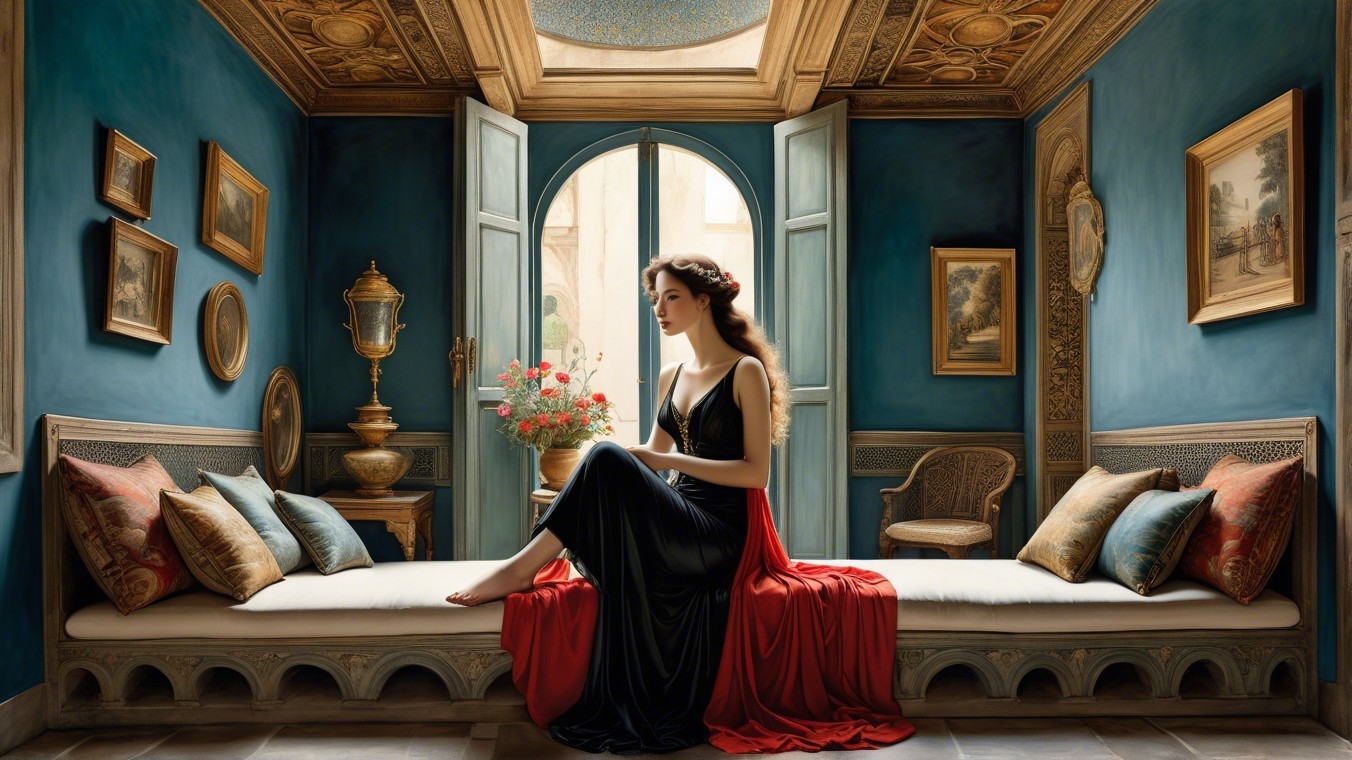Woman in elegant black gown in richly decorated room