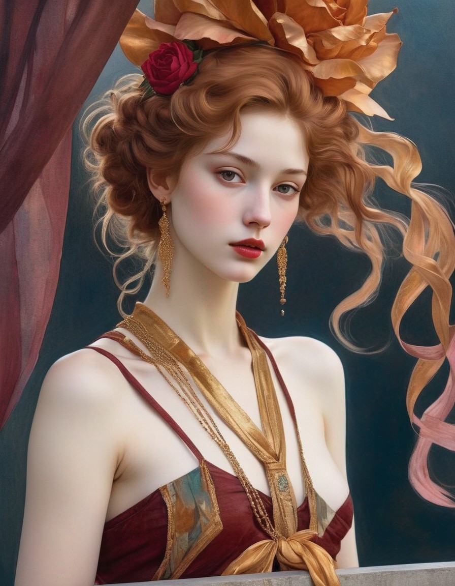 Portrait of woman with auburn hair, red flower headpiece, burgundy dress, and t