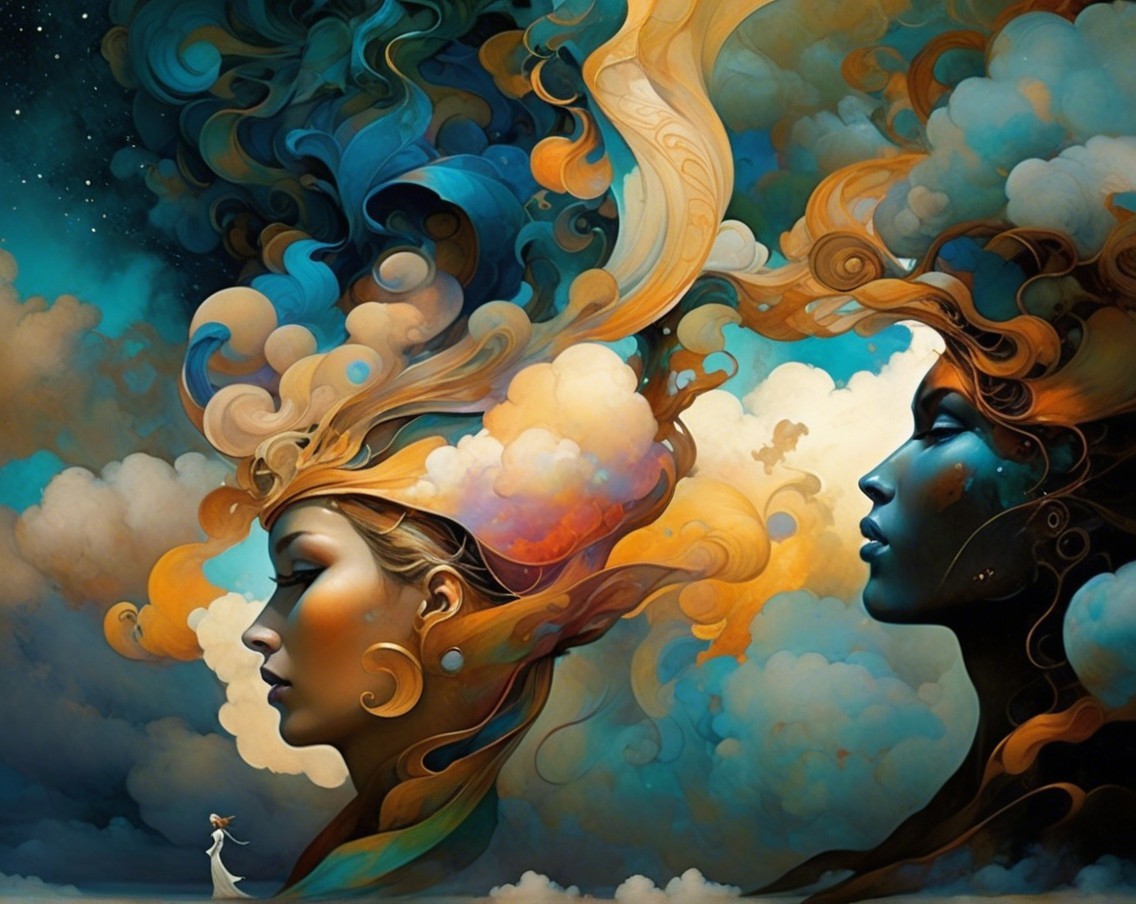 Ethereal Faces in Clouds with Serene Figure Below