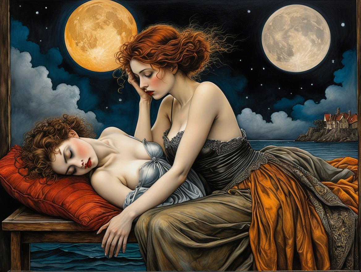 Night Scene of Two Women by Moonlit Water