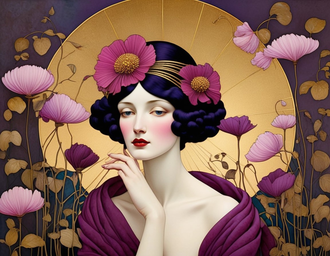 Woman with Dark Hair, Flowers, and Gold Headpiece