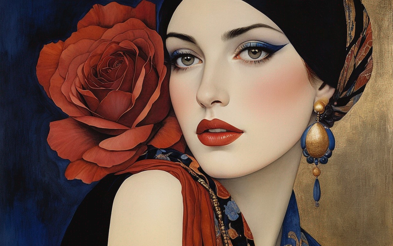 Portrait of a Woman with Porcelain Skin and Red Rose