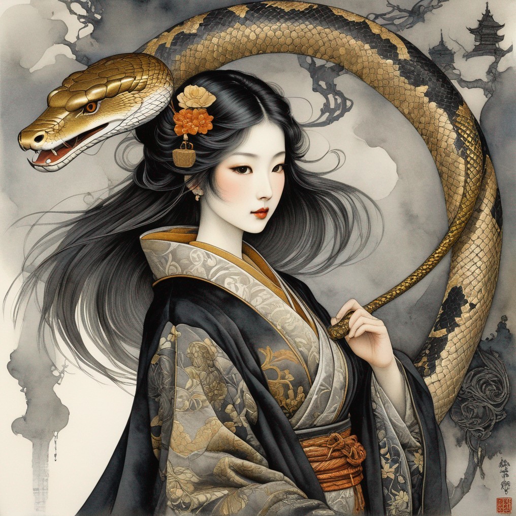 Illustration of Woman in Traditional Attire with Serpent