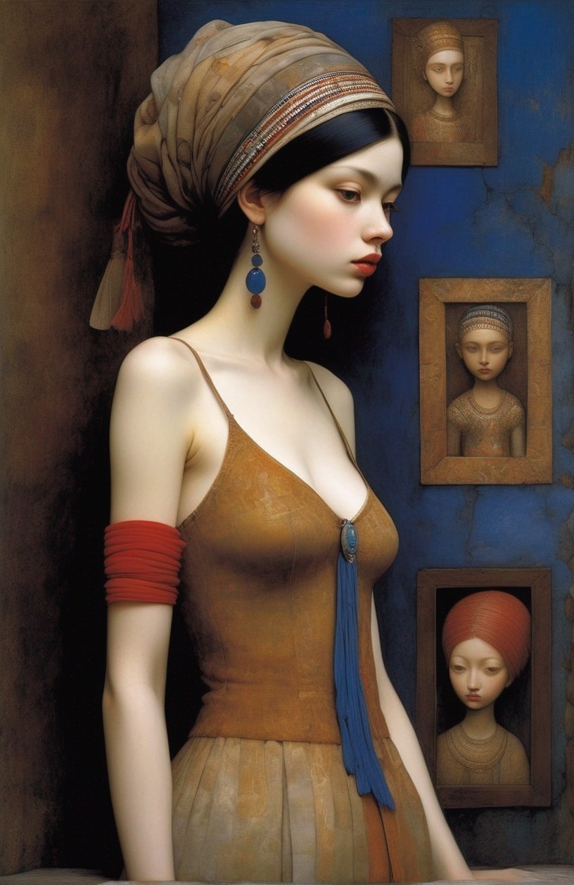 Pensive woman with headscarf and red arm bands, portraits on wall behind her