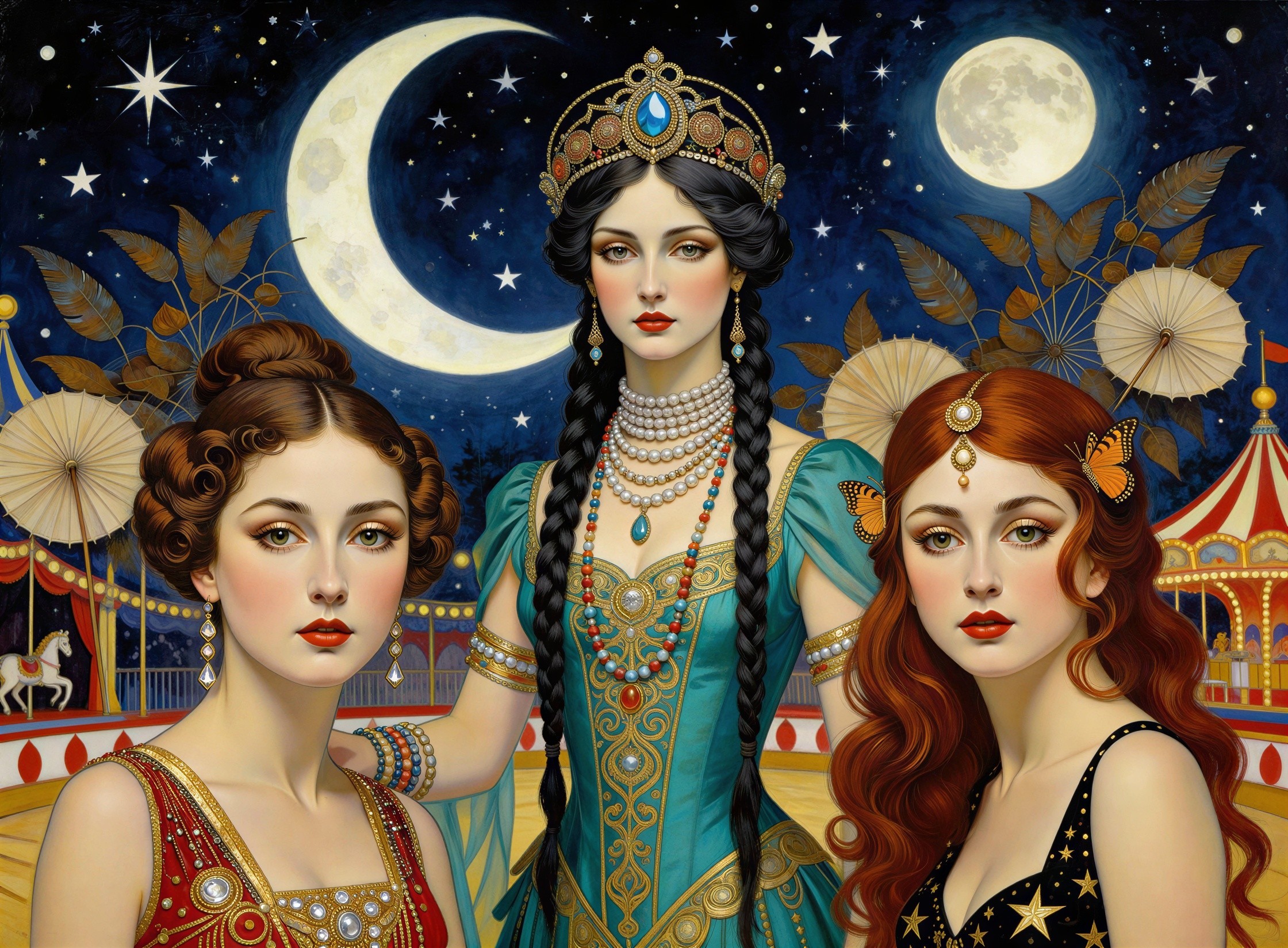 Three Women in Colorful Circus Under Starry Sky