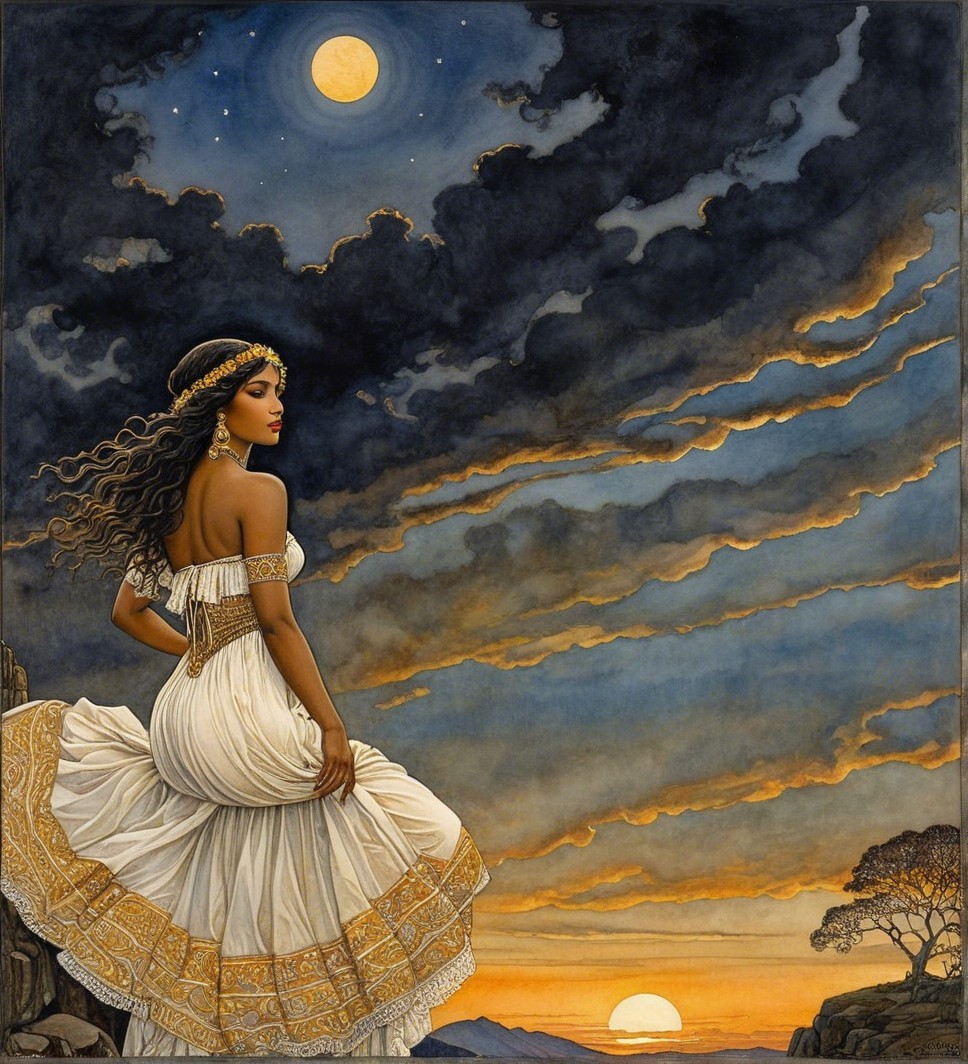 Woman in White Dress Against Dramatic Sky and Moon