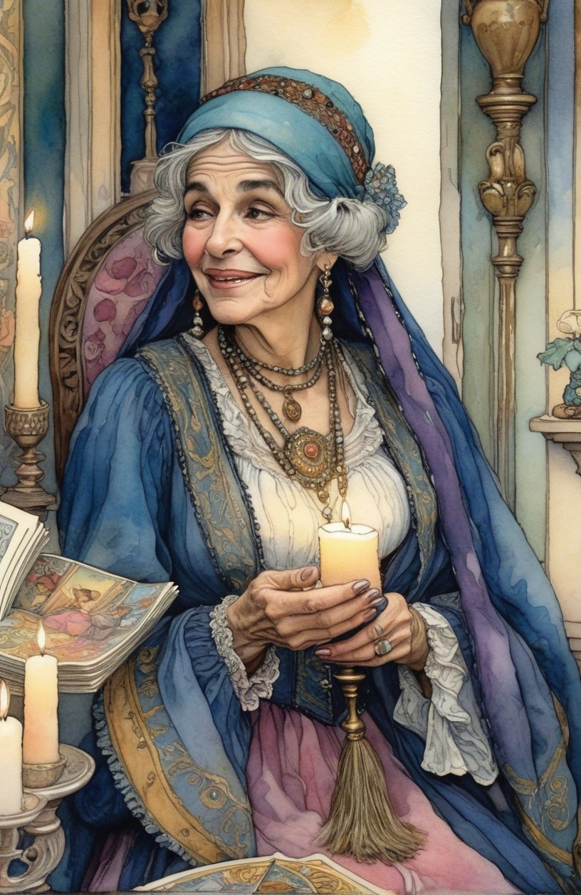 Elderly Woman in Blue Robe Surrounded by Candles