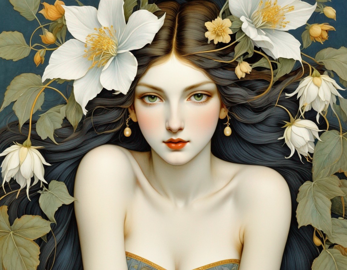 Portrait of a Young Woman with Dark Hair and Flowers
