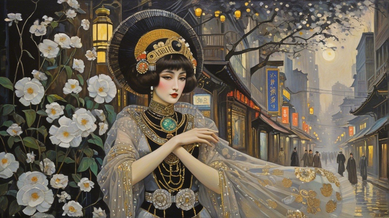 Traditional Attire and Accessories in a Lantern-Lit Night