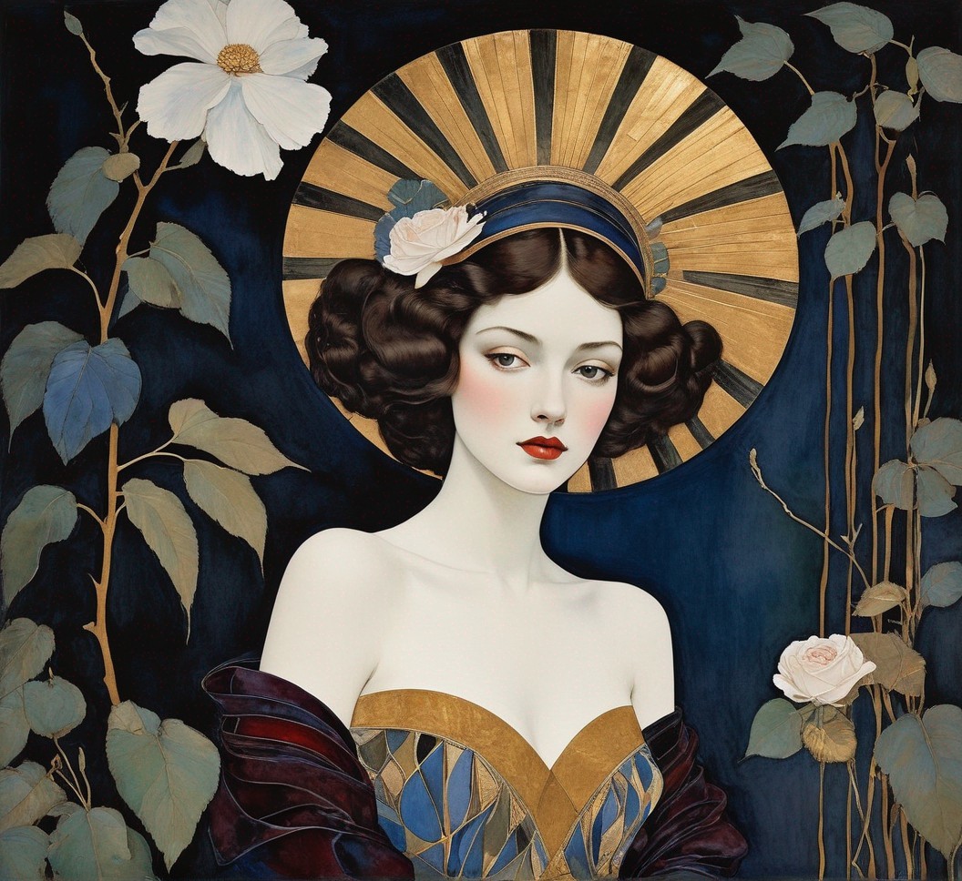 Stylized Painting of Woman with Golden Halo and Flowers