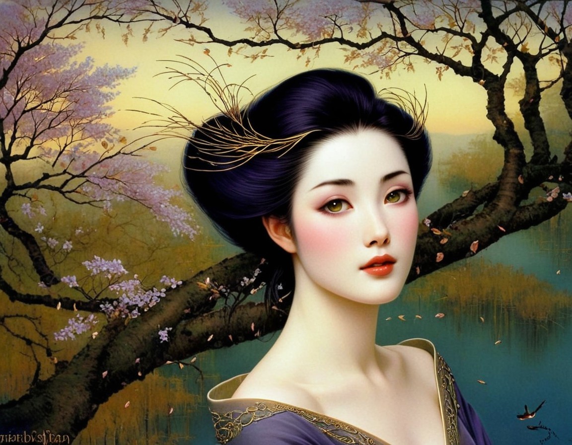Woman with dark hair in serene natural setting