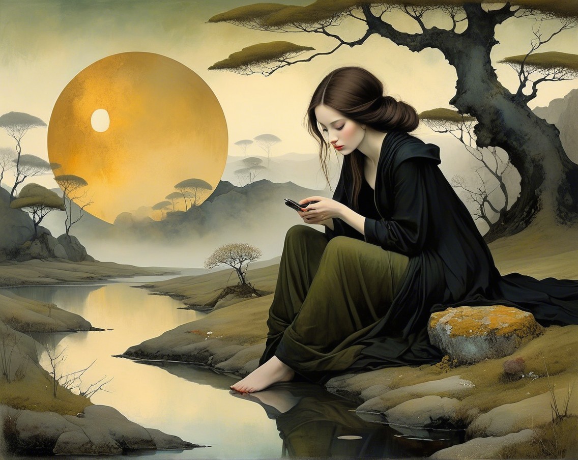 Serene Dusk Landscape with Woman by Tranquil River