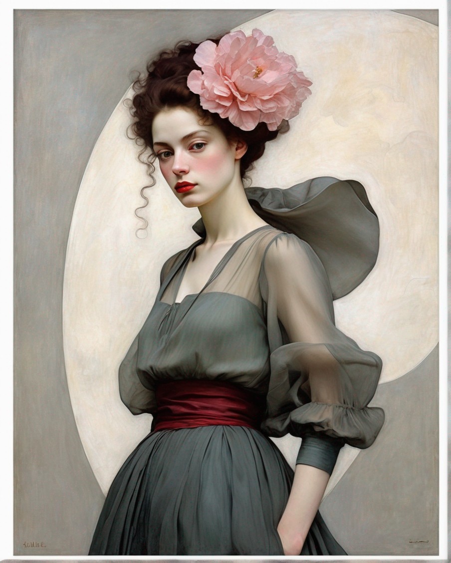 Woman with pink flower in hair, gray dress, red sash exudes timeless beauty