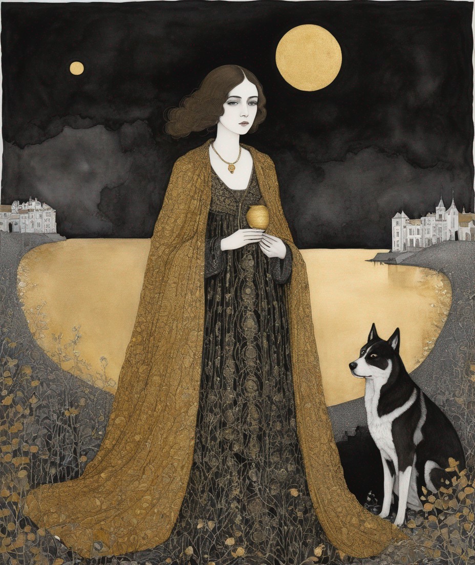 Illustration of a woman in a golden cloak at night