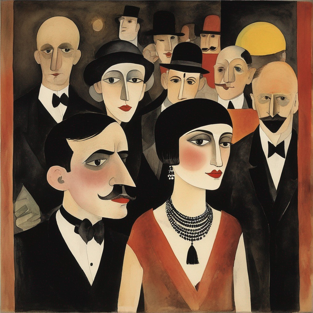 Stylized 1920s Figures in Bold Colors and Elegance