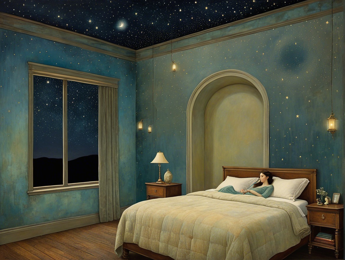 Serene Bedroom with Starry Ceiling and Cozy Lighting