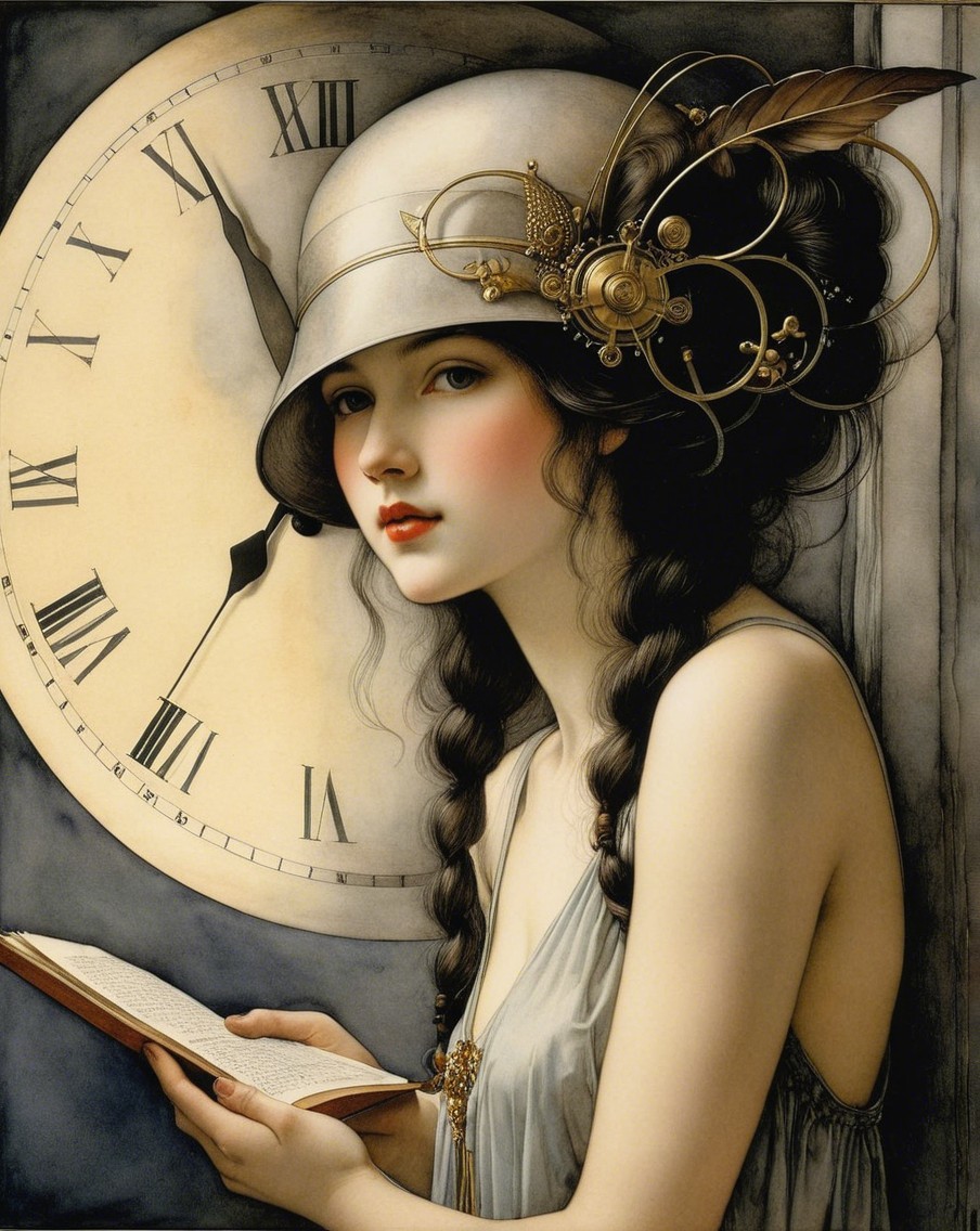 Young woman in vintage hat with book and clock