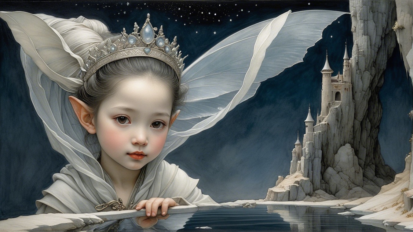 Ethereal Young Girl in Mystical Landscape at Night