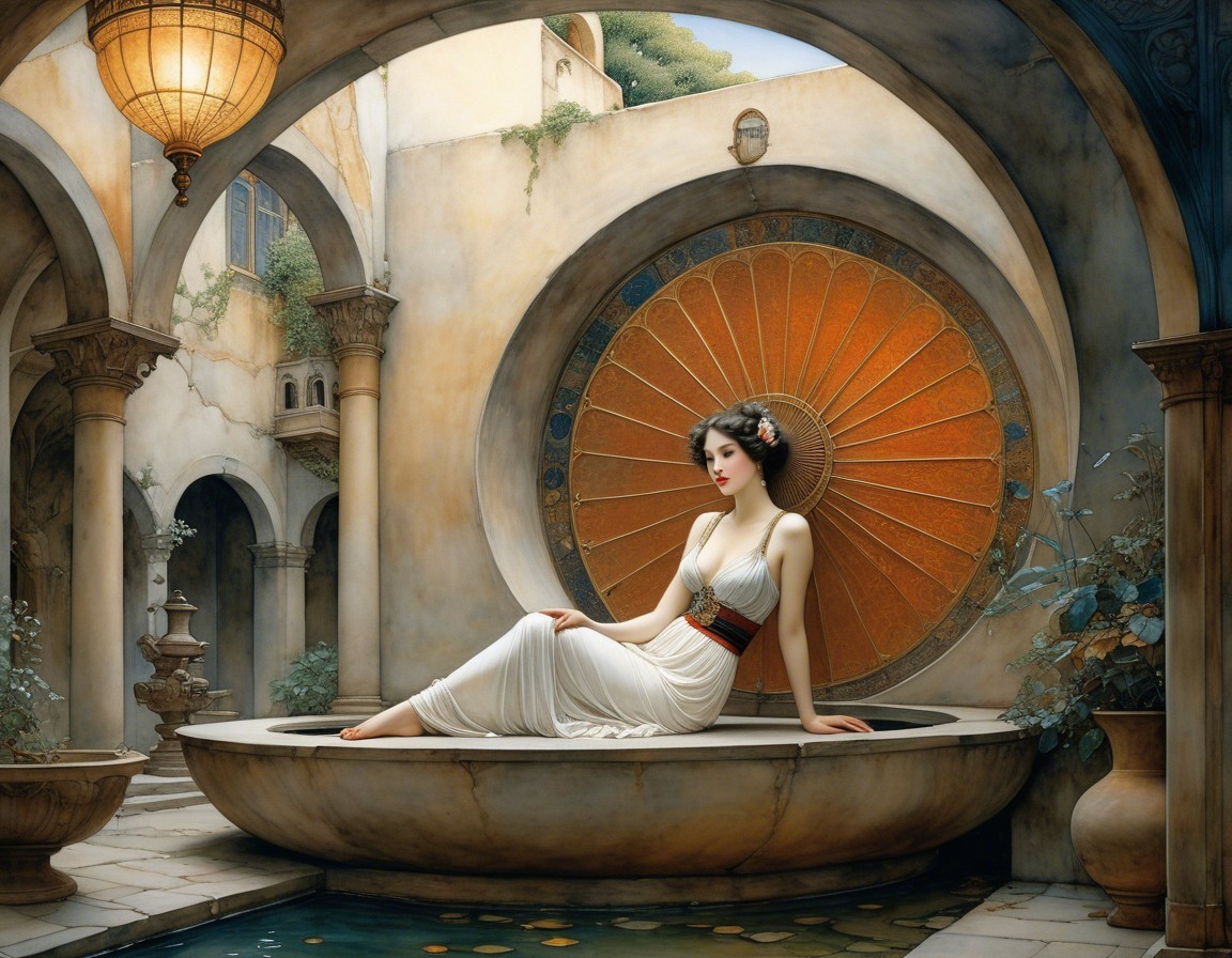 Serene Figure by Ornate Sunburst in Mediterranean Setting