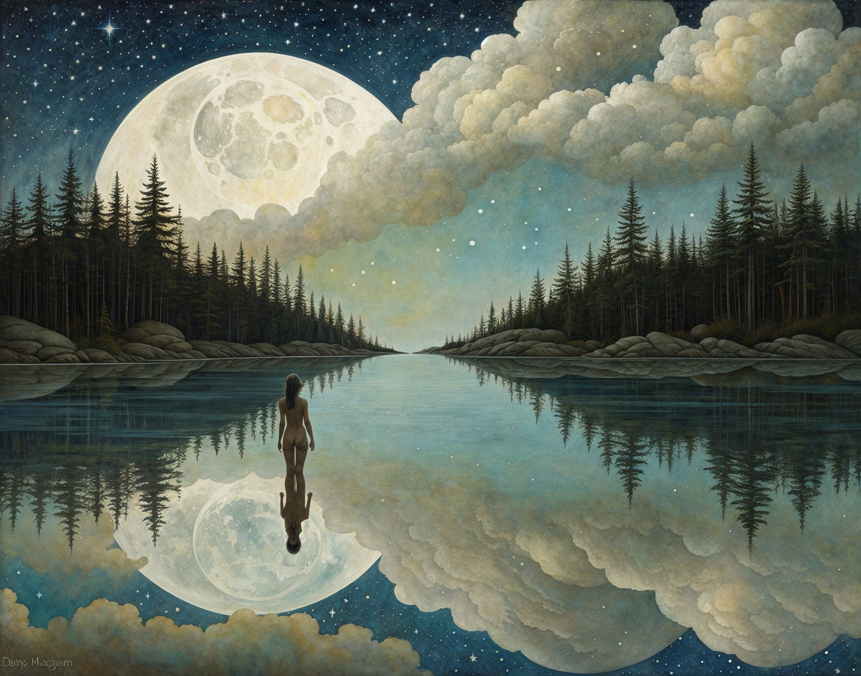Moonlit Lake Scene with Evergreens and Young Figure