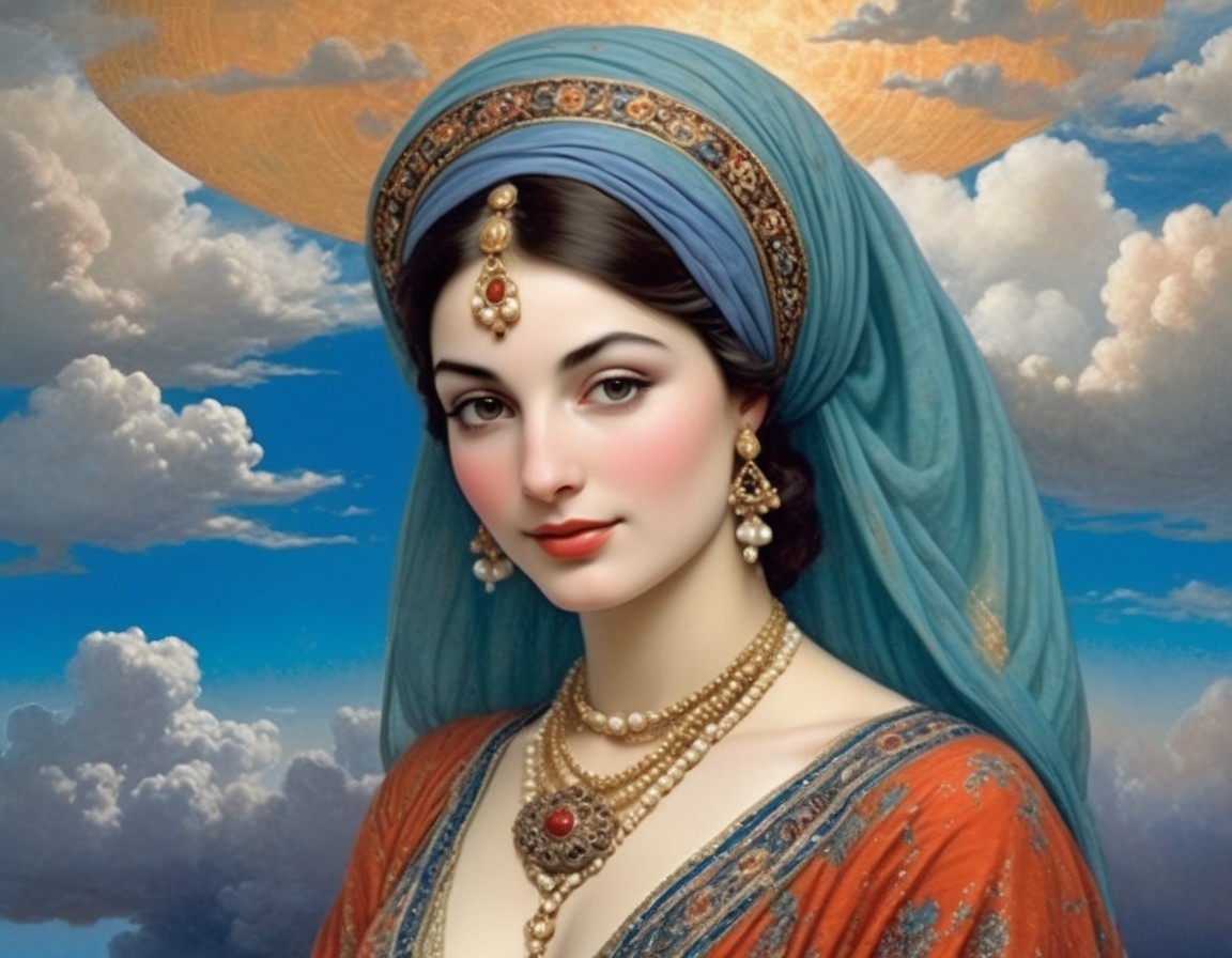 Serene Woman in Blue Headscarf and Luxurious Jewelry