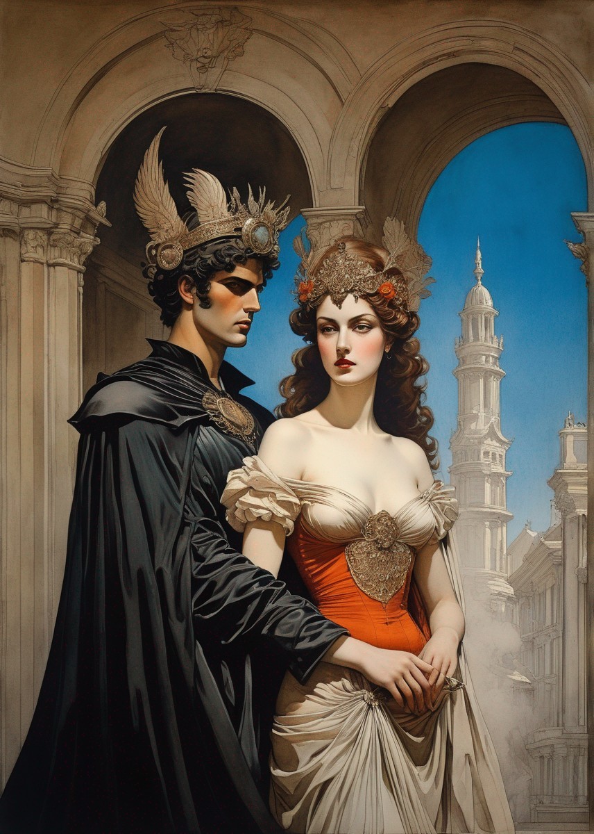 Regal couple in historical attire against architectural backdrop
