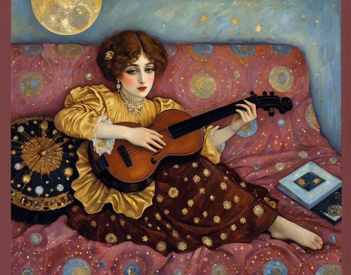 Young woman playing instrument on colorful sofa