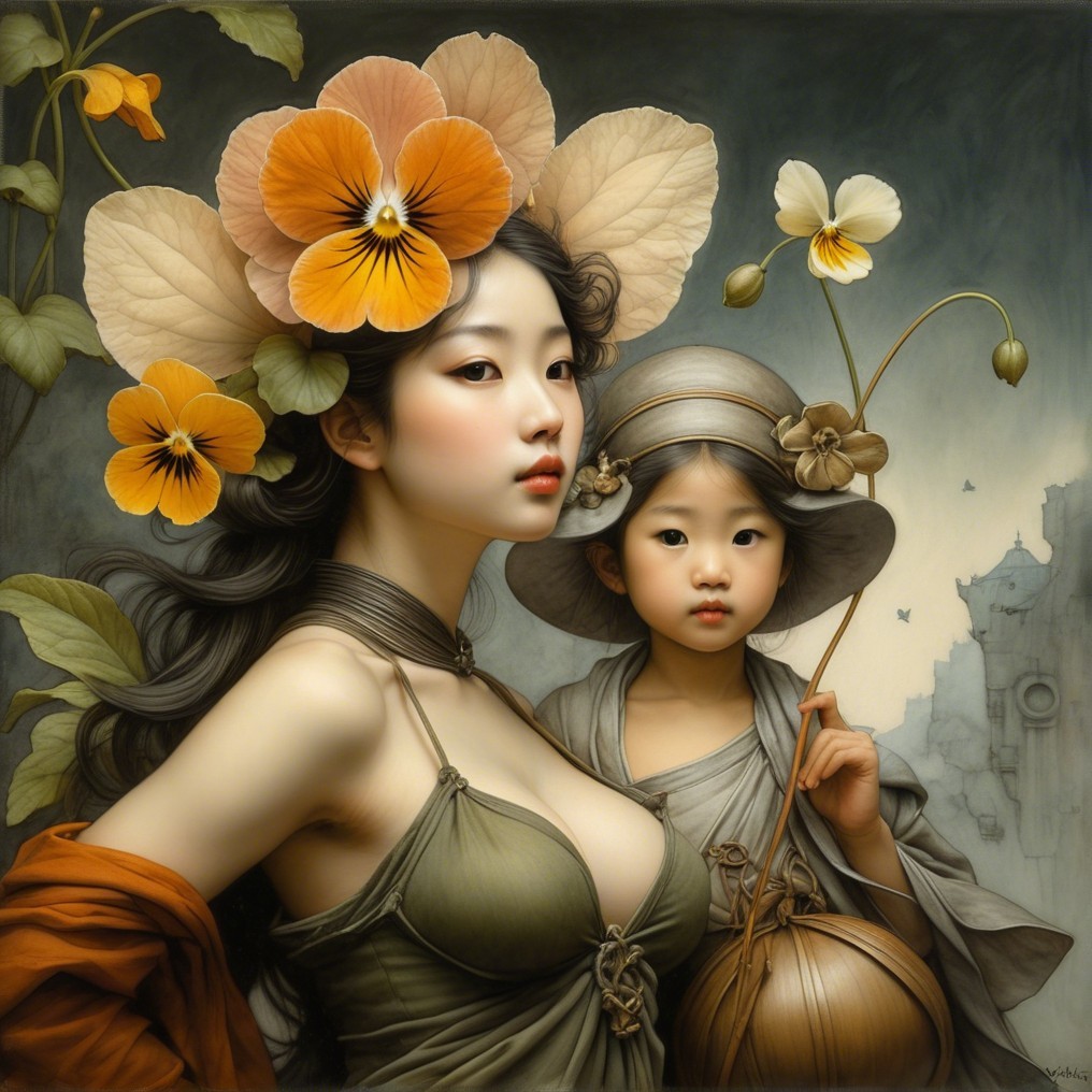 Floral-Themed Artwork of Woman and Young Girl