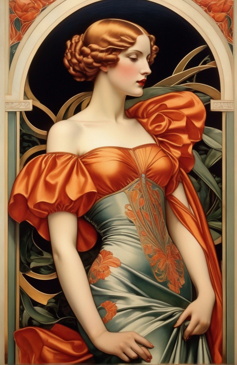 Art Nouveau style portrait of elegant woman in orange and teal dress framed by arch and foliage