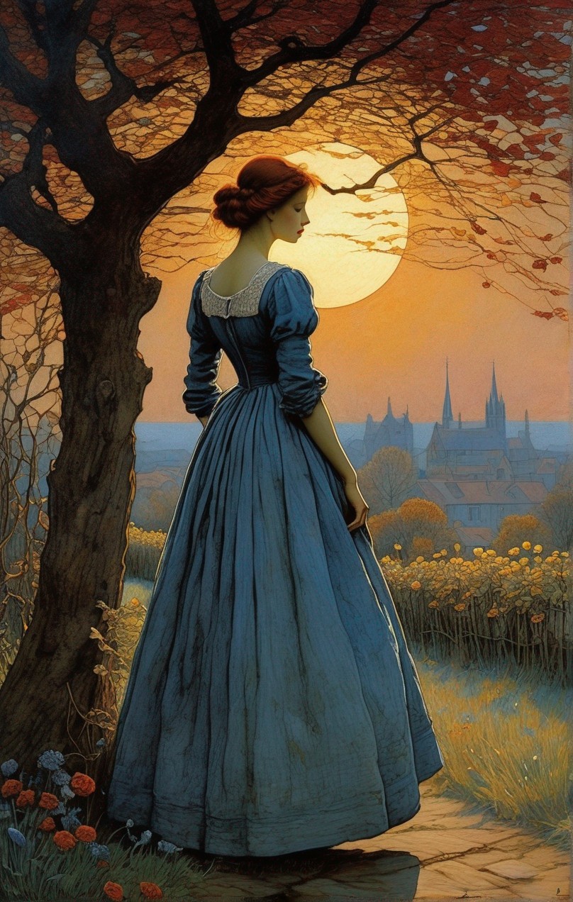 Woman in Blue Dress Admiring Sunset and Autumn Foliage