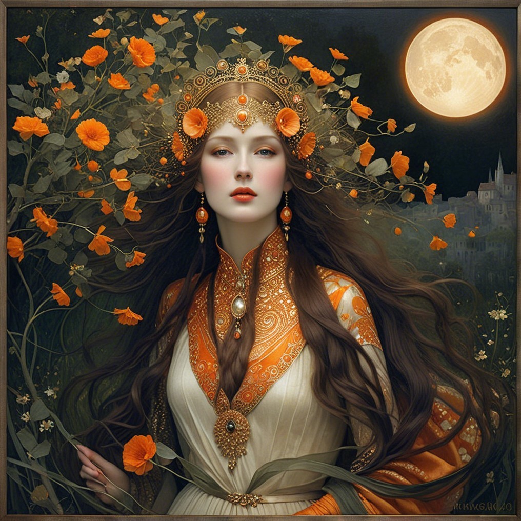 Woman in orange gown with flowers under full moon