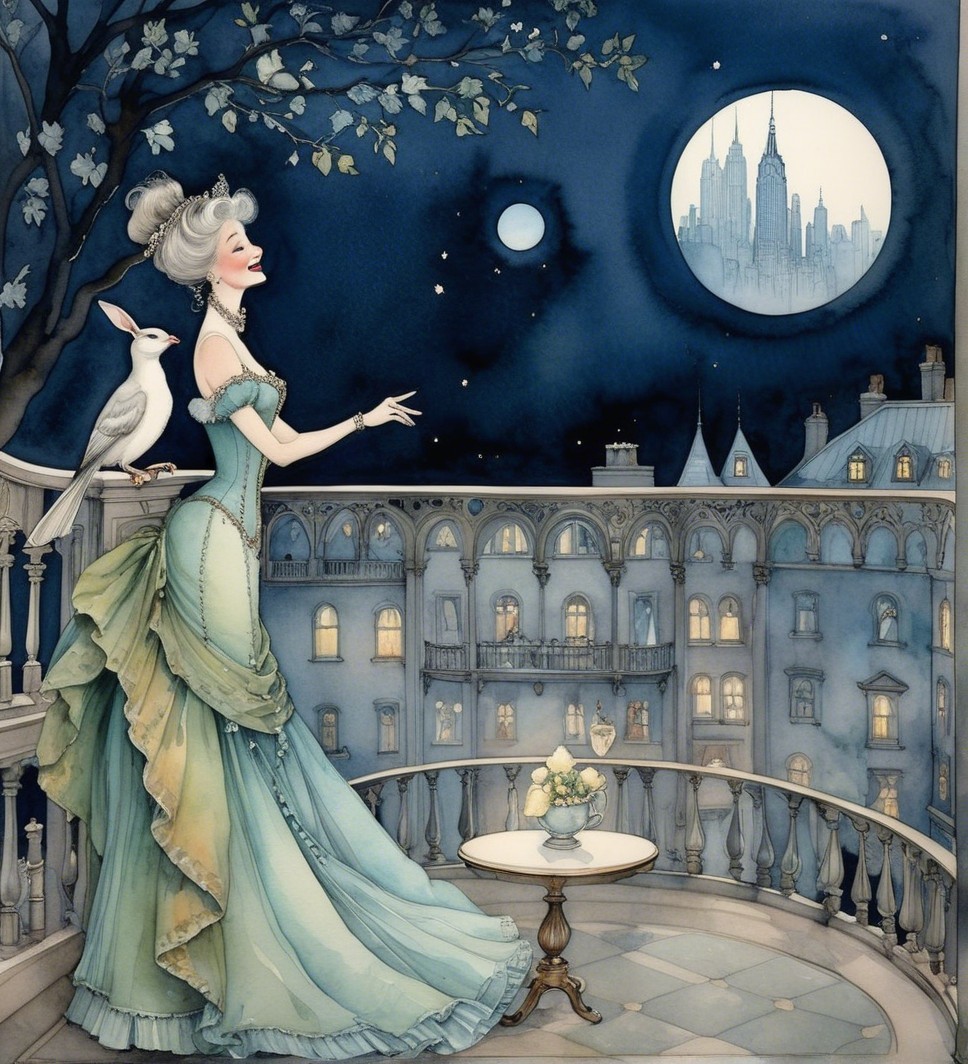 Elegant Woman on Balcony with Moonlit Skyline