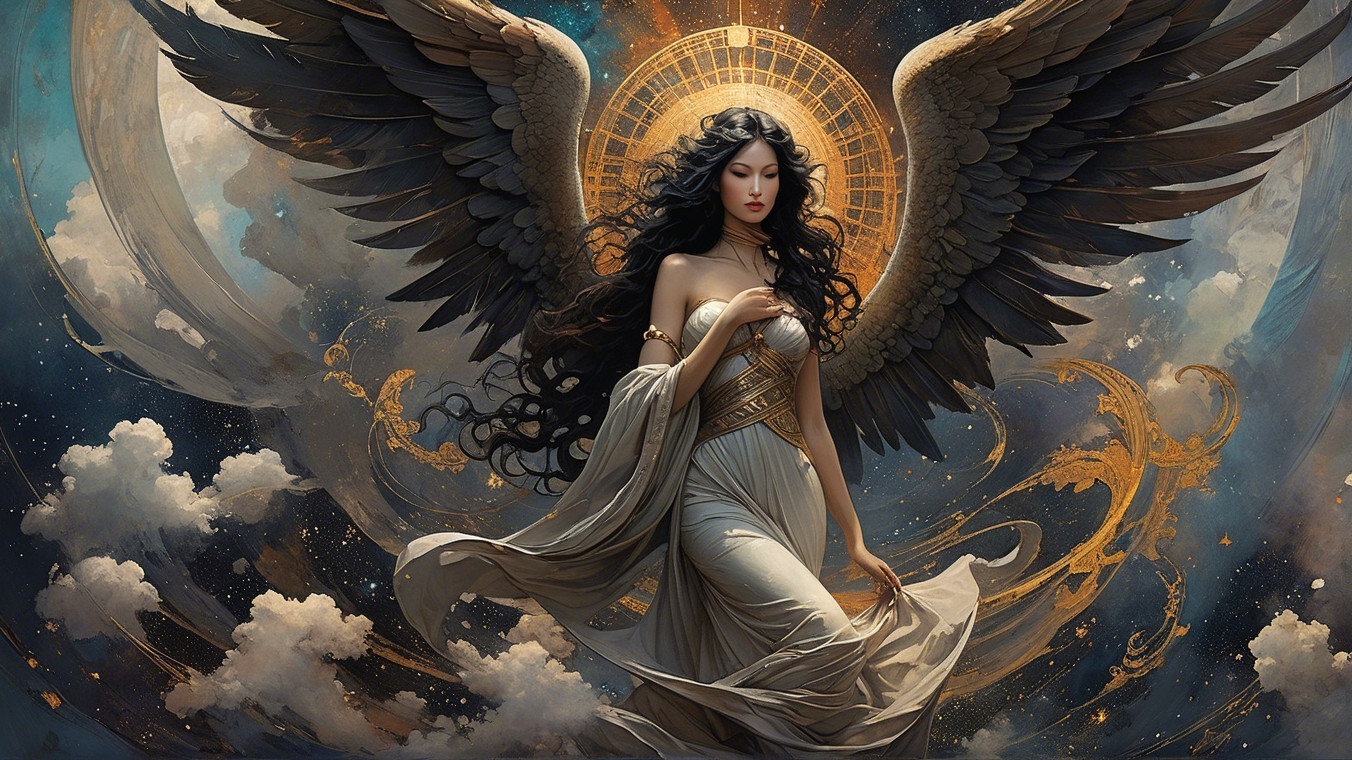 Celestial Figure with Intricate Wings and Halo
