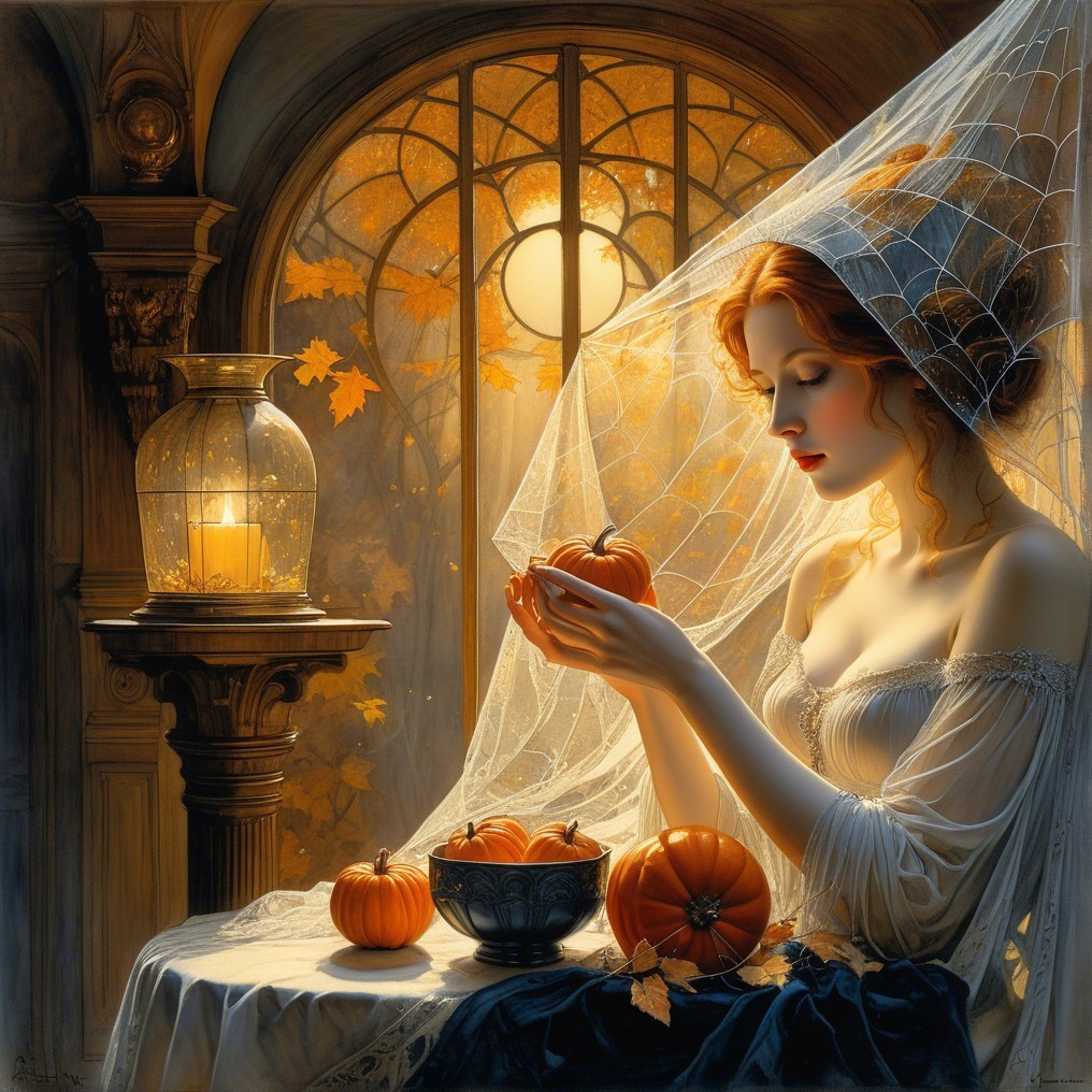 Autumn Scene with Woman, Pumpkins, and Warm Light