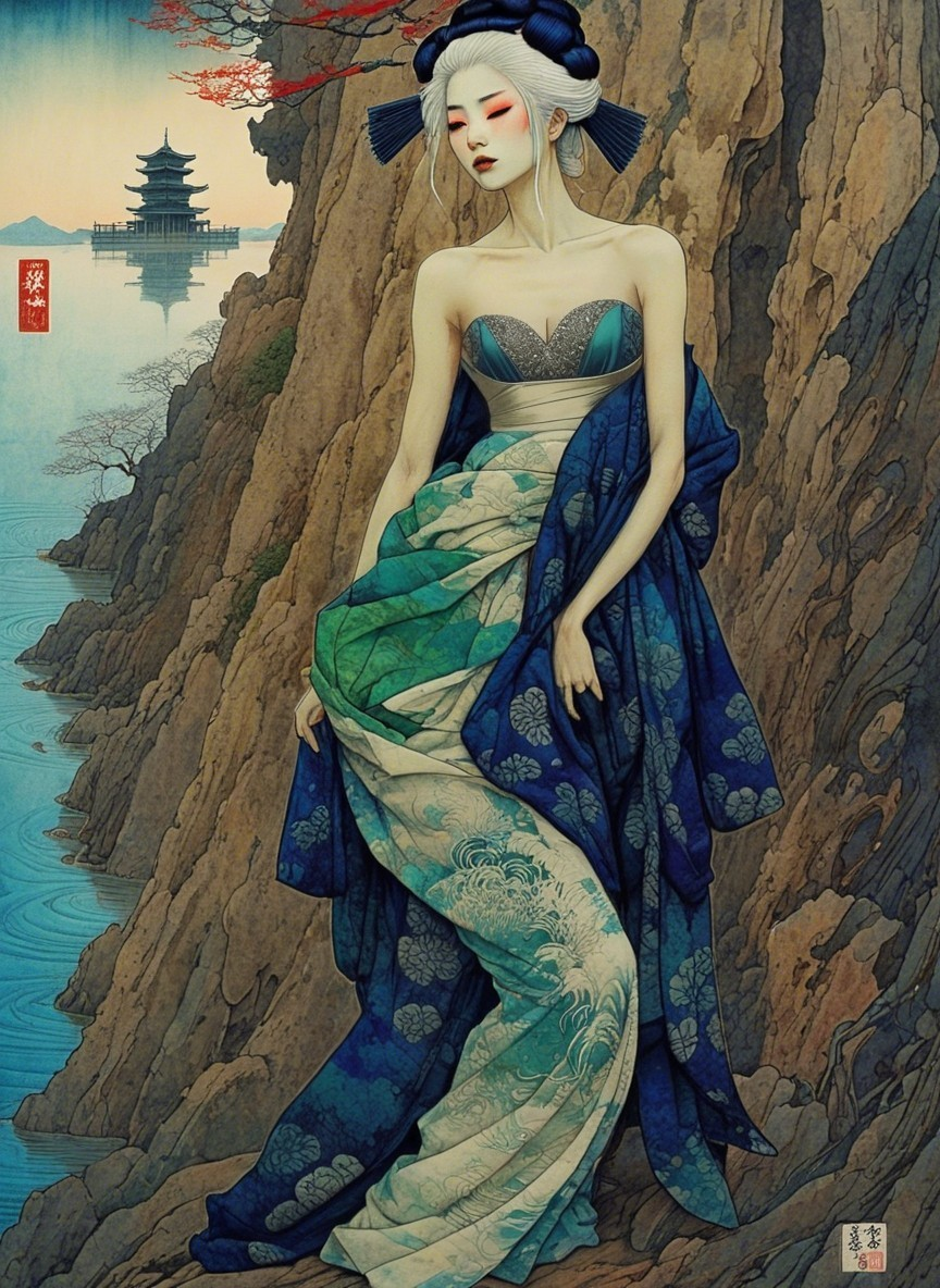 Woman in Flowing Gown on Rocky Shoreline by Lake