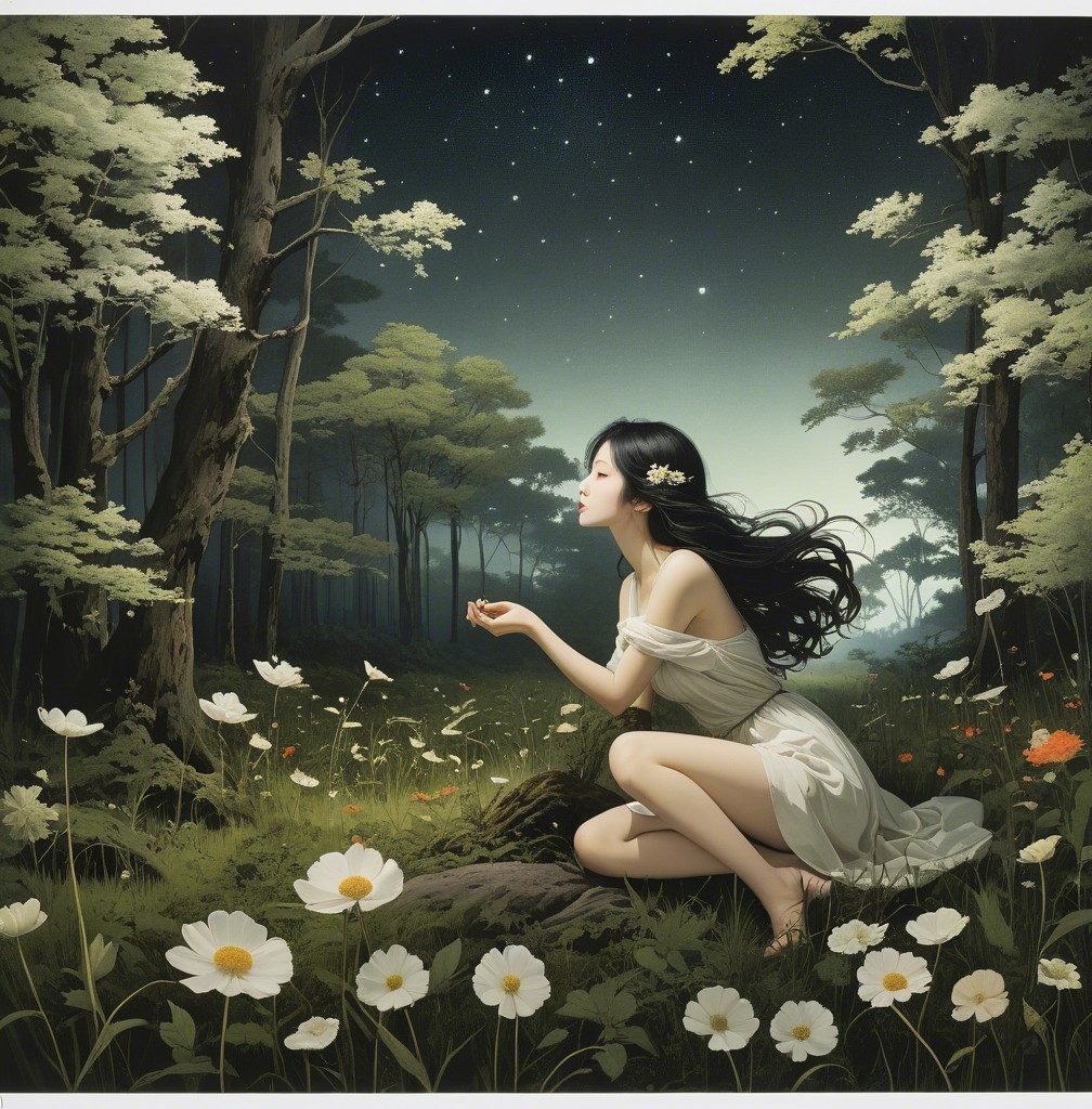 Serene Forest Glade with Young Woman and Daisies