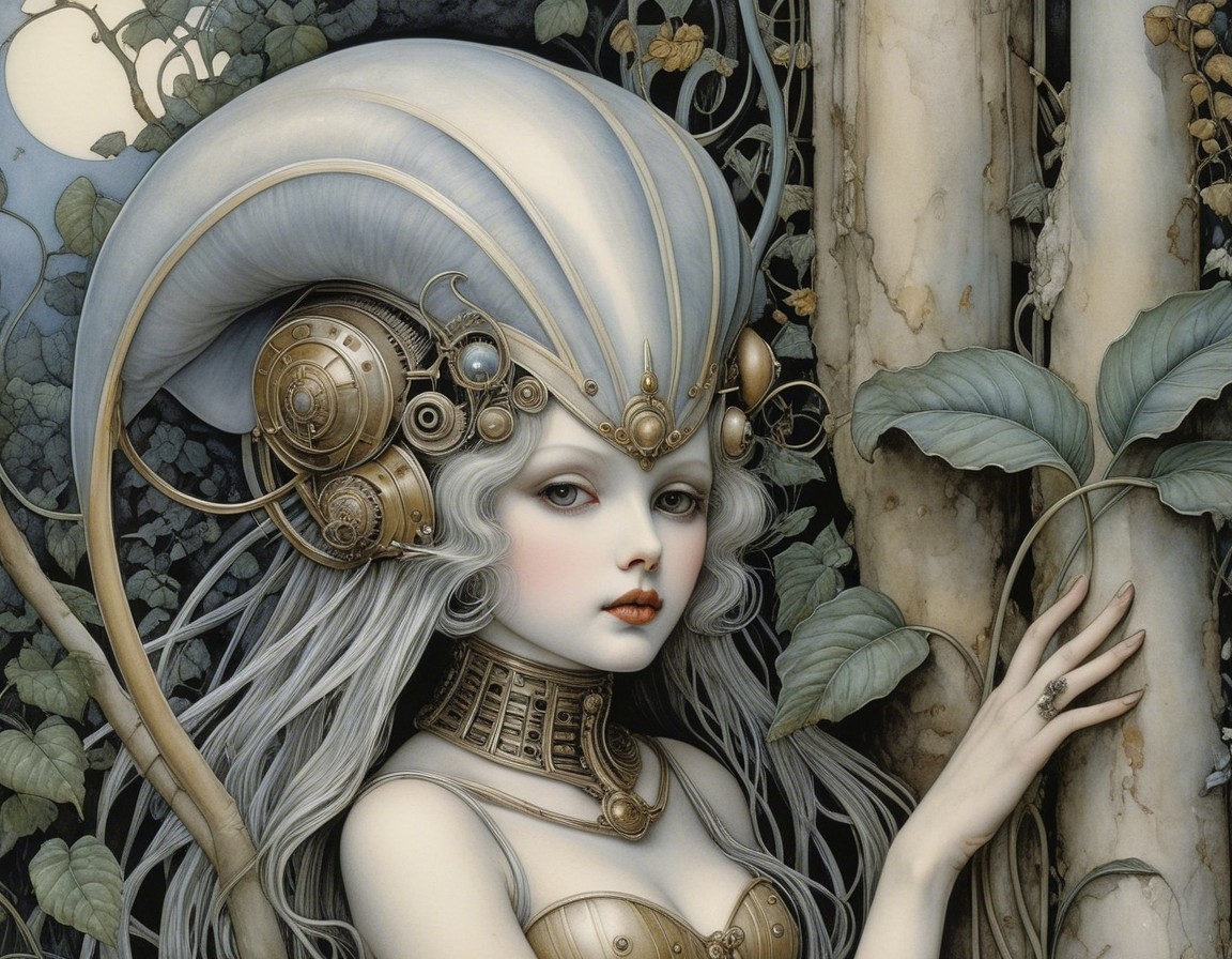 Mystical figure in silver hair among lush foliage