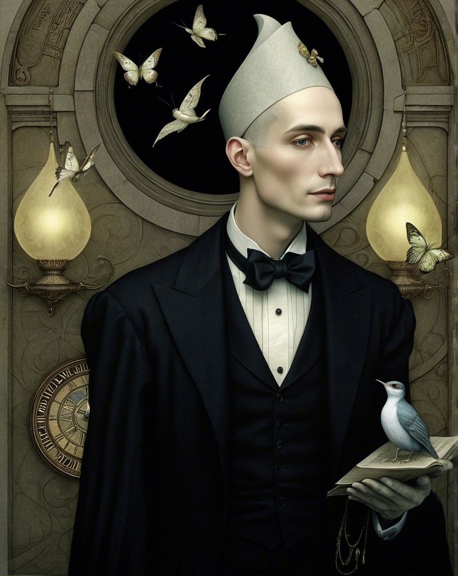 Tall man in tuxedo with unique headpiece and book