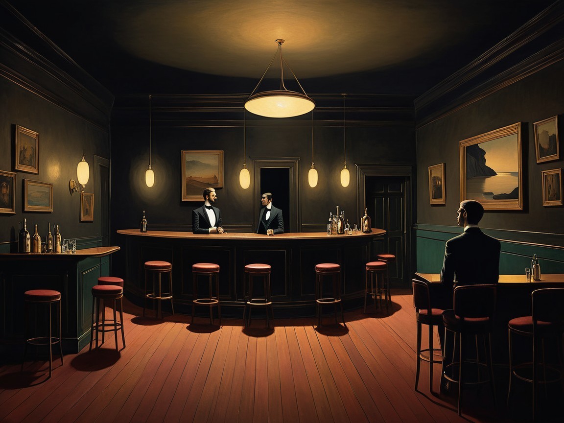 Men in formal attire converse in a dimly lit bar