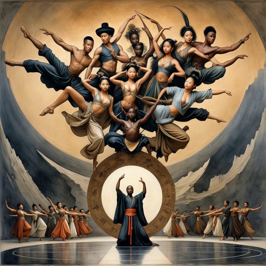 Dynamic Dancers in Circular Formation with Ethereal Backdrop