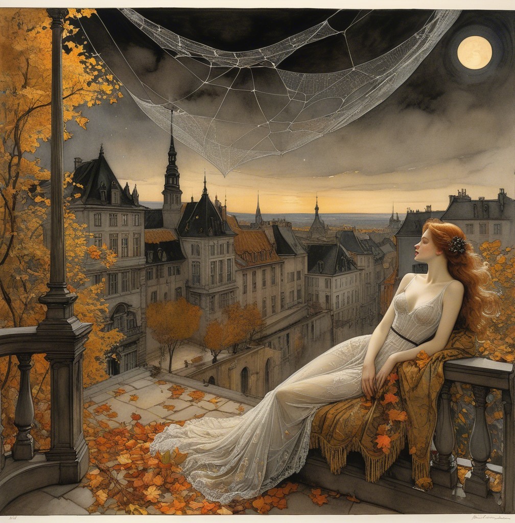 Woman in White Gown Surrounded by Autumn Leaves