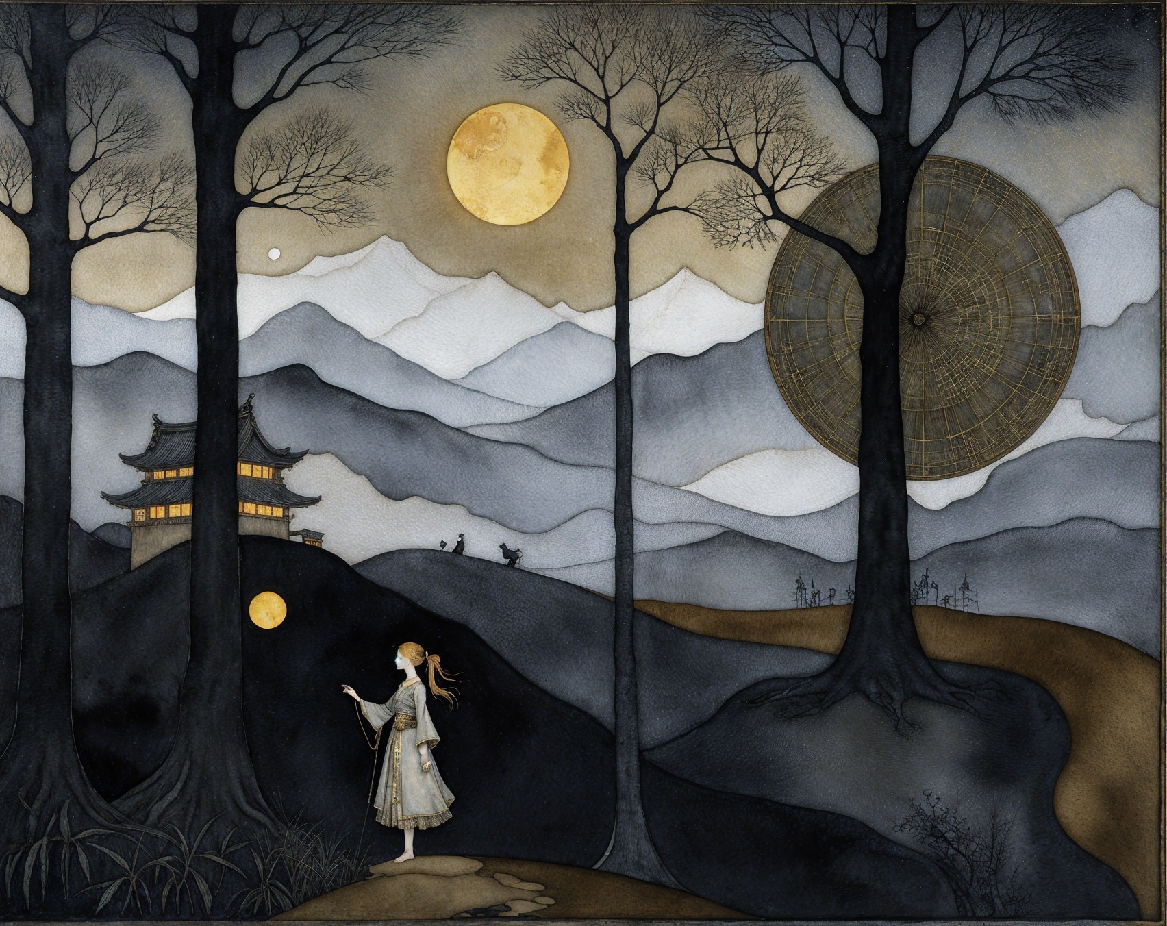 Serene Landscape with Woman in Traditional Attire