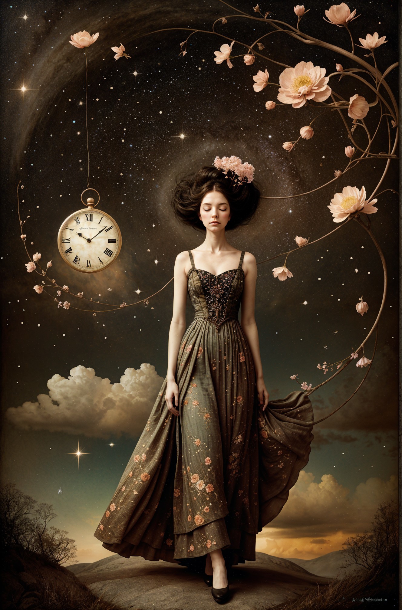 Serene Figure in Floral Gown Amid Cosmic Backdrop